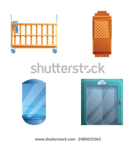 Passenger elevator icons set cartoon vector. Glass steel and wooden elevator. Various lift