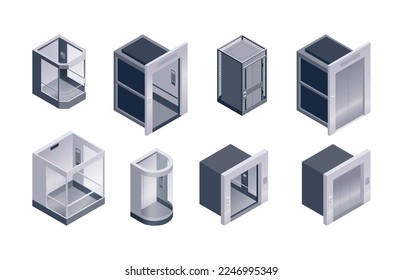 Personenaufzug-Isometrietrie aus verschiedenen Formstücken mit transparenten oder metallenen Türen und Wänden einzeln auf weißem Hintergrund, Vektorgrafik
