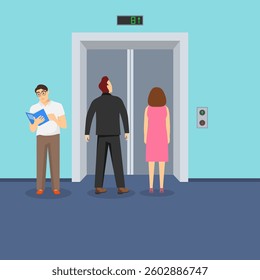 Passenger elevator with people, interior of building with passenger elevator and people standing nearby. Background image, poster, web banner, vector illustration. Vector.