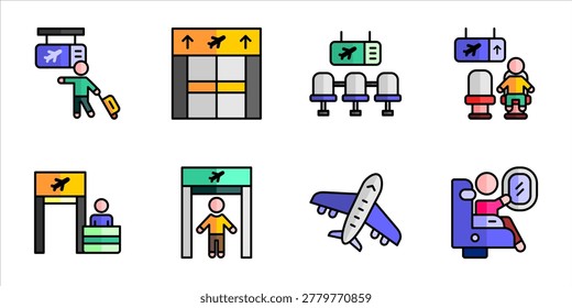 Passenger entering airplane during boarding process at airport departure terminal travel graphic collection