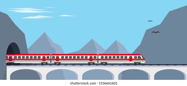 Passenger express train on bridge from tunnel in mountains. Travaling by train concept or banner vector illustration.