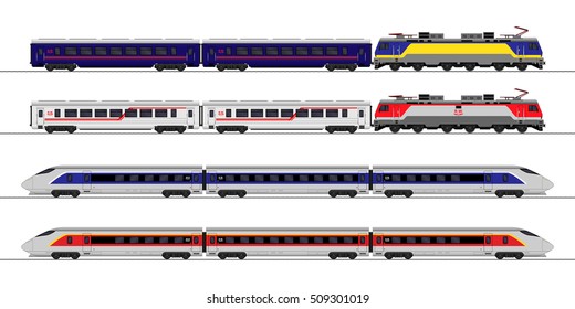Passenger express train. Railway carriage. set