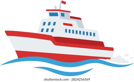 Passenger ferry ship sailing on blue waves. A stylized red and white cruise ship or ferry boat moving across stylized blue ocean waves. Perfect for travel agency websites, nautical themes, and sea transport educational materials.