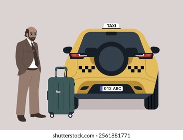 Passenger in formal attire waiting for a taxi outside the airport with luggage in a bustling urban setting during the busy travel season