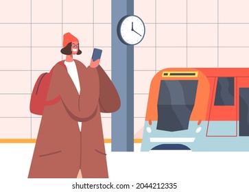 Passenger Girl At Public City Commuter Tunnel. Smiling Female Character Speaking By Smartphone Stand At Metro Subway Station Underground Platform Waiting Train. Cartoon People Vector Illustration