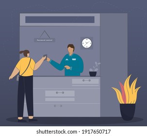 Passenger giving her document to border guard while passing airport passport control. Vector character illustration of people at the airport scene, airline travel, vacation, business trip. Flat design