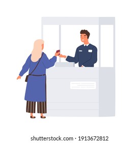 Passenger giving her document to friendly boarder guard while passing airport passport control. Colored flat vector illustration isolated on white background