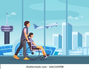 Passenger group people together waiting in airport. Man with disabled woman walking to board a plane. Airplane, airport, room airport station. Travel, trip, journey. Vector illustration.