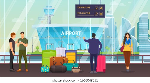 Passenger group people together waiting in airport terminal. Passengers women men waiting to arrival and departure with luggage, suitcases, bags in the waiting room cartoon vector illustration.