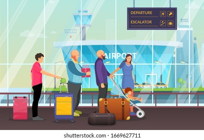 Passenger group people together waiting in airport terminal. Passengers family with child in pram, elderly waiting to arrival, departure with luggage, suitcases, in waiting room cartoon vector