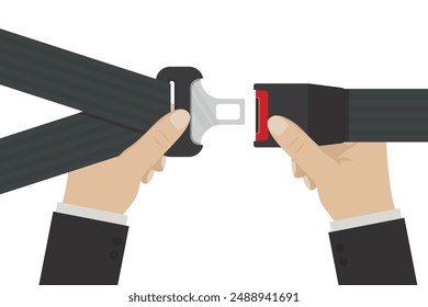 Passenger hands holding seat belt. Caucasian driver fastens the seat belt. Close view. Fasten your seatbelt, warning banner. Poster with rule of safety traffic for driver. flat vector illustration