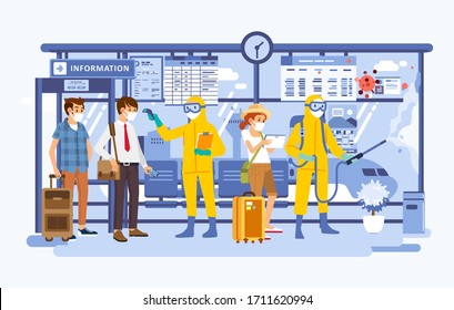 Passenger Health Check And Disinfectant Spraying At The Airport, Passenger Wearing Mask And The Officer Wearing Hazmat Suit. Used For Information Poster, Infographic And Other.