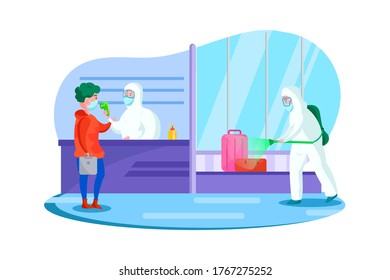 Passenger health check and disinfectant spraying at the airport, passenger wearing mask and the officer wearing hazmat suit. Vector Illustration concept.