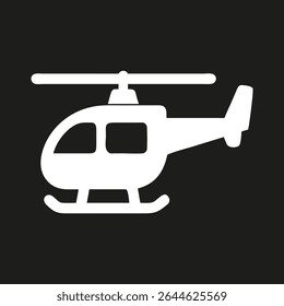 Passenger helicopter silhouette logo. White icon copter isolated on black background. Vector illustration side view.