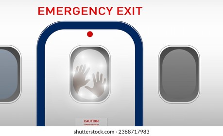 Passenger Help Hands In Airplane Emergency Exit Door. EPS10 Vector