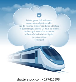 Passenger high speed train moving under the blue sky and white clouds. There is a place for your text.