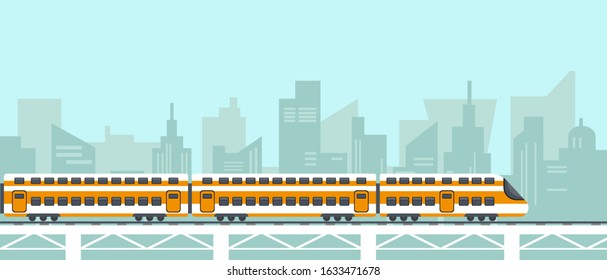 Passenger hight speed train on bridge  in city. Skytrain, subway, metro or ungerground transport concept. Vector illustration.