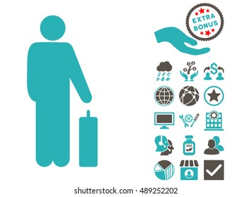 Passenger icon with bonus design elements. Vector illustration style is flat iconic bicolor symbols, grey and cyan colors, white background.