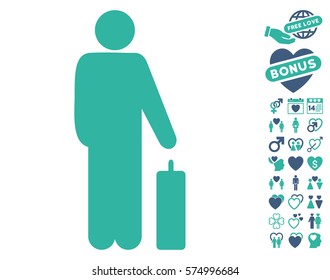 Passenger icon with bonus valentine graphic icons. Vector illustration style is flat iconic cobalt and cyan symbols on white background.