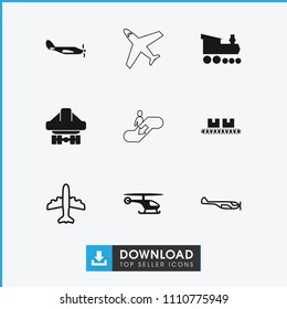 Passenger icon. collection of 9 passenger filled and outline icons such as cargo plane back view, helicopter, plane, locomotive. editable passenger icons for web and mobile.