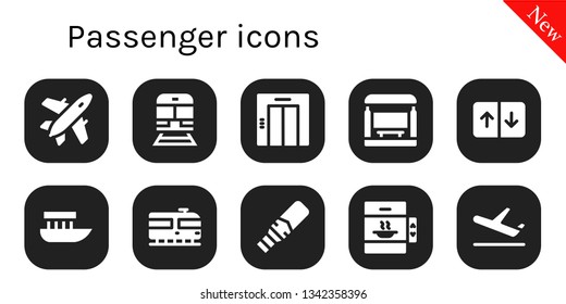 passenger icon set. 10 filled passenger icons.  Simple modern icons about  - Plane, Train, Elevator, Bus stop, Boat, Metal detector