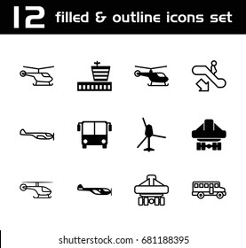 Passenger icon. set of 12 passenger filled and outline icons such as airport bus, helicopter, airport, cargo plane back view, escalator down