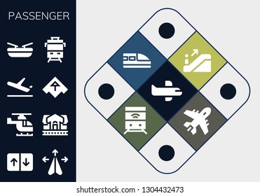 passenger icon set. 13 filled passenger icons.  Simple modern icons about  - Airplane, Elevator, Plane, Helicopter, Train station, Boat, Train, Escalator