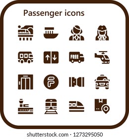  passenger icon set. 16 filled passenger icons. Simple modern icons about  - Train, Boat, Stewardess, Bus, Elevator, Shipping, Helicopter, Flipdrive, Seat belt, Taxi, Control tower