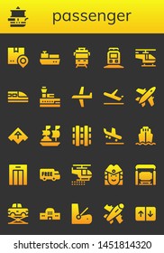 passenger icon set. 26 filled passenger icons.  Collection Of - Shipping, Ship, Cargo ship, Train, Helicopter, Control tower, Plane, Airplane, Railway, Arrival, Lift, Stewardess
