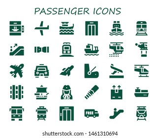 passenger icon set. 30 filled passenger icons.  Collection Of - Elevator, Plane, Boat, Lift, Cargo ship, Train, Escalator, Seat belt, Helicopter, Taxi, Aeroplane, Seat, Arrival