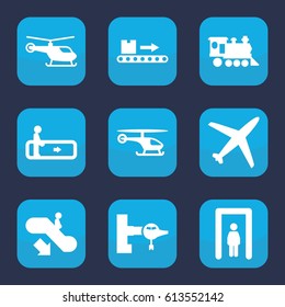 Passenger icon. set of 9 filled passenger icons such as metal gate detector, escalator, escalator down, jetway, helicopter, locomotive, luggage scan