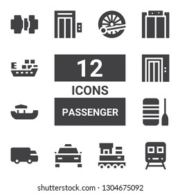 passenger icon set. Collection of 12 filled passenger icons included Train, Taxi, Shipping, Boat, Elevator, Ship, Seatbelt