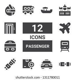 passenger icon set. Collection of 12 filled passenger icons included Seat belt, Taxi, Shipping, Train, Aviation, Bus, Airplane, Elevator, Shuttle, Boat