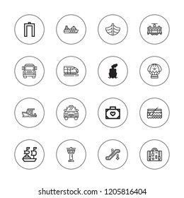 Passenger Icon Set. Collection Of 16 Outline Passenger Icons With Boat, Control Tower, Cruise, Escalator, Landing, Metal Detector, School Bus, Ship, Train, Suitcase Icons.