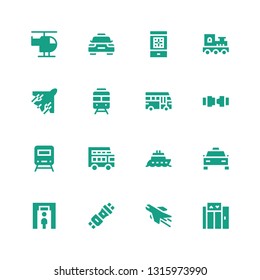 Passenger Icon Set. Collection Of 16 Filled Passenger Icons Included Elevator, Airplane, Seat Belt, Metal Detector, Taxi, Boat, Double Decker Bus, Train, Safety Belt, School Bus