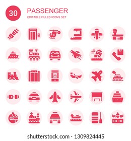 passenger icon set. Collection of 30 filled passenger icons included Seat belt, Elevator, Helicopter, Train station, Airplane, Boat, Railroad, Taxi, Ship, Train, Boarding pass