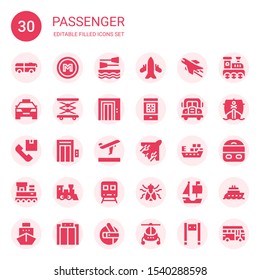 passenger icon set. Collection of 30 filled passenger icons included Bus, Metro, Boat, Airplane, Taxi, Elevator, Boarding pass, Shipping, Departures, Ship, Train, Fly, Railroad