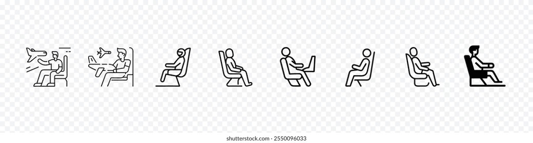  Icono del pasajero sentarse en la silla, icono del avión del asiento del pasajero. Persona sentada en el asiento del avión de la primera clase, hombre que vuela en un avión, pasajero en un icono simple de la línea del avión