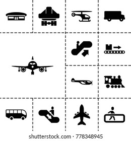 Passenger icons. set of 13 editable filled passenger icons such as escalator up, plane, helicopter, airport, bus, locomotive, cargo plane back view, luggage scan, airport bus
