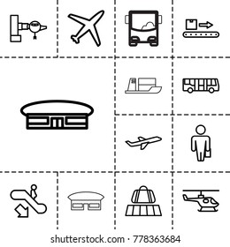 Passenger icons. set of 13 editable outline passenger icons such as luggage belt, airport bus, escalator down, jetway, airport, plane, man with case, luggage scan, helicopter