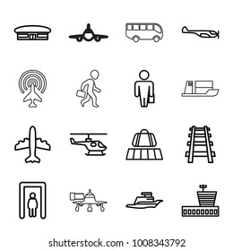 Passenger icons. set of 16 editable outline passenger icons such as luggage belt, metal gate detector, helicopter, airport, plane, man with case, railway, ship, airport bus