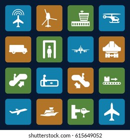 Passenger icons set. set of 16 passenger filled icons such as plane, metal gate detector, escalator, escalator up, escalator down, jetway, airport, cargo plane back view