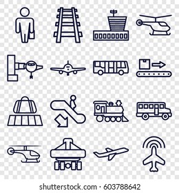 Passenger icons set. set of 16 passenger outline icons such as plane, luggage belt, airport bus, escalator down, jetway, helicopter, airport, locomotive, railway