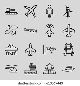 Passenger icons set. set of 16 passenger outline icons such as plane, luggage belt, escalator up, jetway, helicopter, airport, railway, cargo plane back view, luggage scan