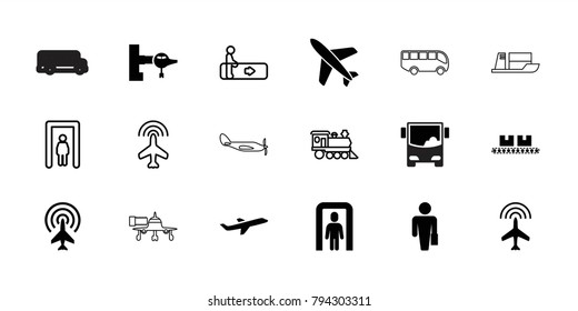 Passenger icons. set of 18 editable filled and outline passenger icons: plane, jetway, man with case, metal gate detector, escalator, locomotive, airport bus, helicopter, ship