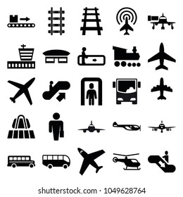 Passenger icons. set of 25 editable filled passenger icons such as luggage belt, escalator, escalator up, plane, helicopter, airport, man with case, railway, luggage scan