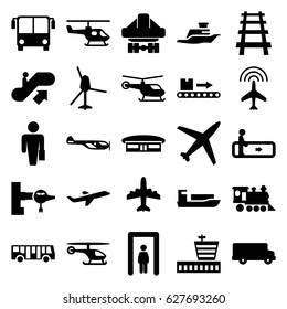 Passenger icons set. set of 25 passenger filled icons such as plane, airport bus, metal gate detector, escalator, escalator up, jetway, helicopter, airport, locomotive