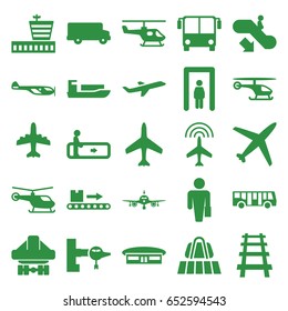 Passenger icons set. set of 25 passenger filled icons such as plane, luggage belt, airport bus, metal gate detector, escalator, escalator down, jetway, helicopter, airport