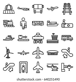 Passenger icons set. set of 25 passenger outline icons such as plane, luggage belt, airport bus, metal gate detector, escalator, escalator up, escalator down, jetway
