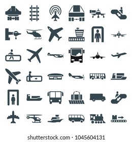 Passenger icons. set of 36 editable filled passenger icons such as airport bus, metal gate detector, escalator, jetway, plane, helicopter, airport, ship, bus, locomotive